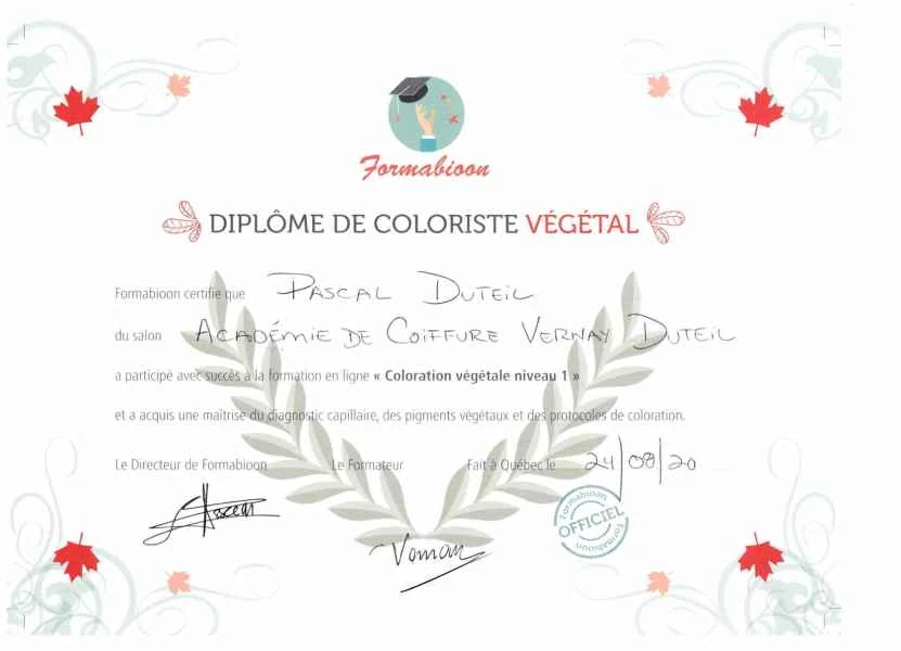 Diplôme de coloriste végétale de Pascal Duteil